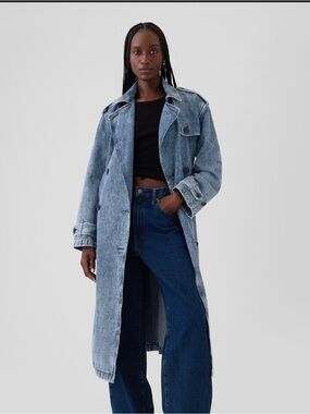 GAP Longline Icon Denim Trench Jacket in Light Indigo, Size M